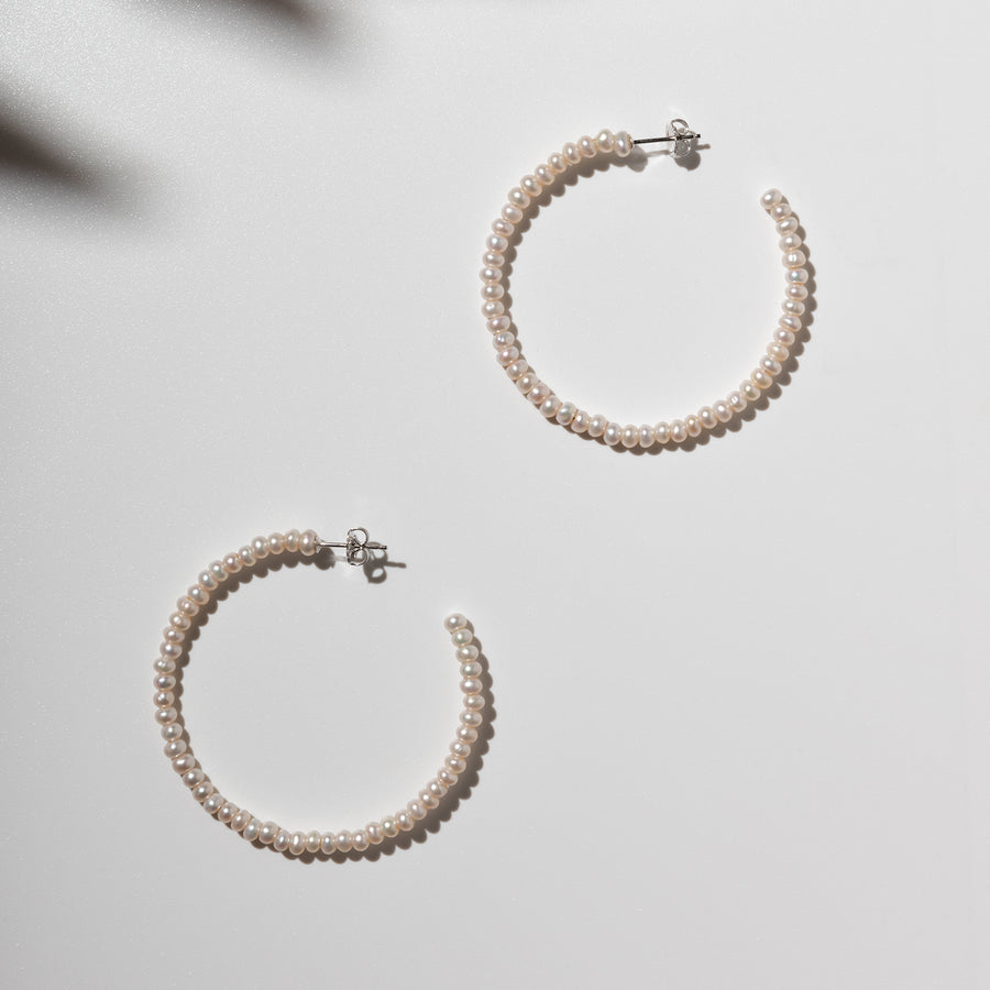 Sterling Silver Hoop Earrings with Natural Freshwater Pearl