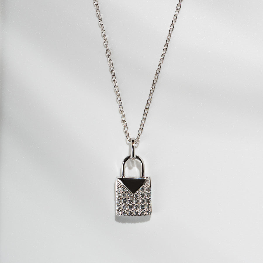 Sterling Silver Padlock Necklace with White Topaz